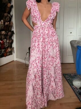 Pink Floral Maxi Dress with Ruffle Shoulders and Belt Waist Detail
